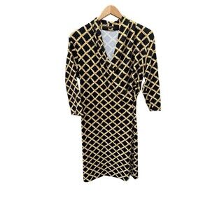 J. McLaughlin Dress L Black Gold Bamboo Lattice Catalina Cloth Sheath Ruched